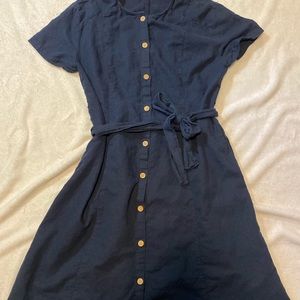 Zara Denim Black Linen Blend Button Front Midi Dress Large Self Tie